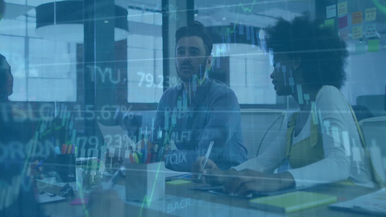 Animation of financial data processing over diverse business people in office