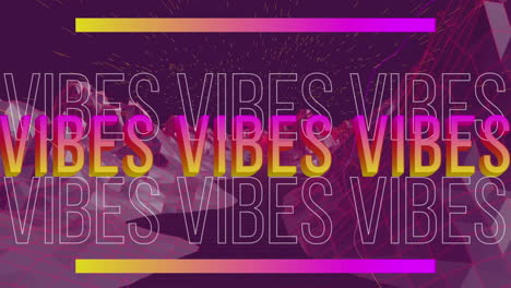 animación de buenas vibraciones texto sobre montañas púrpuras y luces