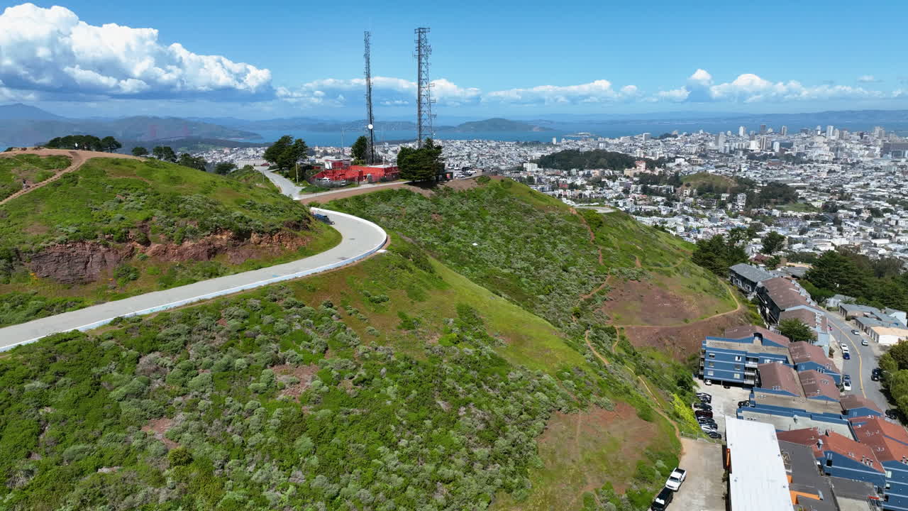 Aerial pan shot of the Twin peaks mountain, sunny day in San Francisco, USA
