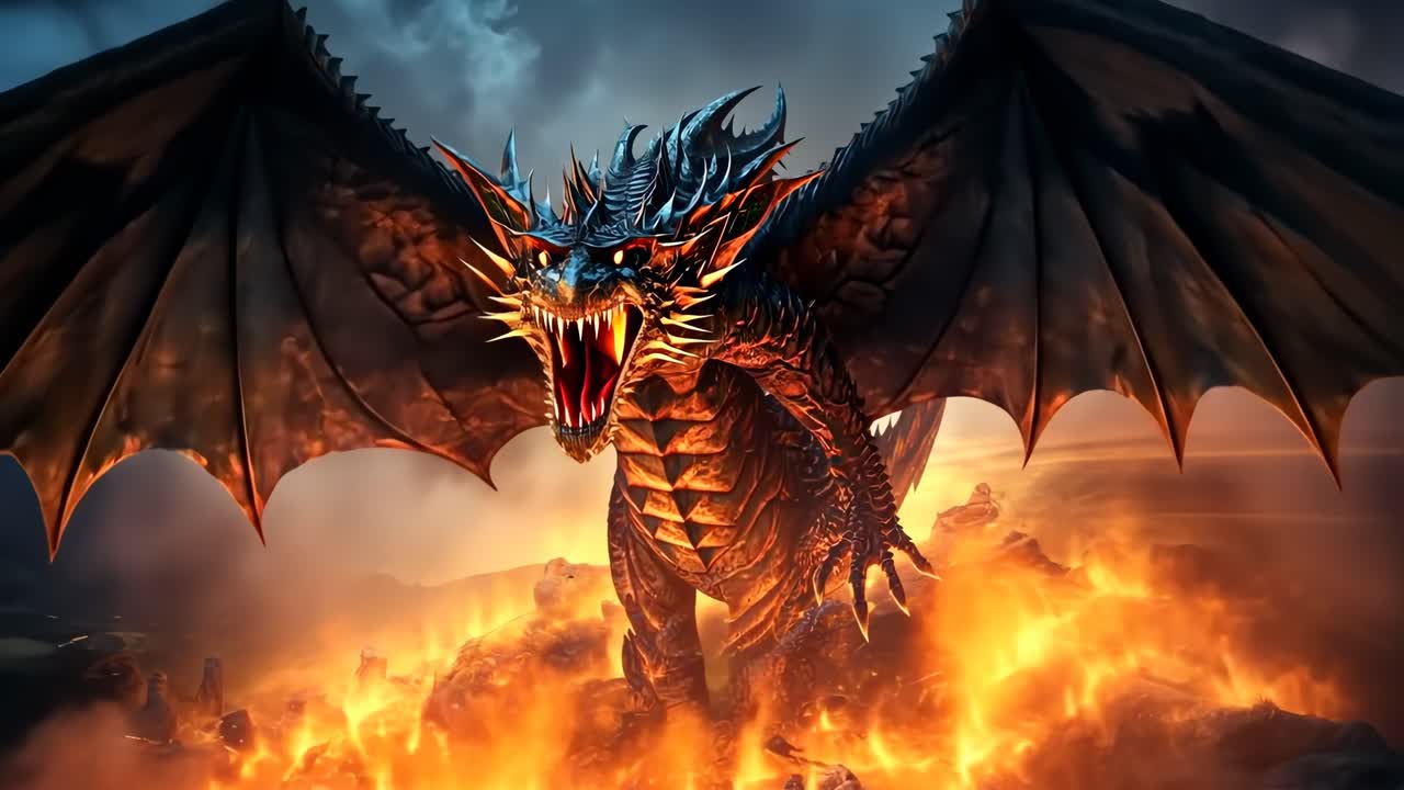 Scena fantasy epica di un drago che emerge dalle fiamme, ripresa dal basso, in stile cinematografico