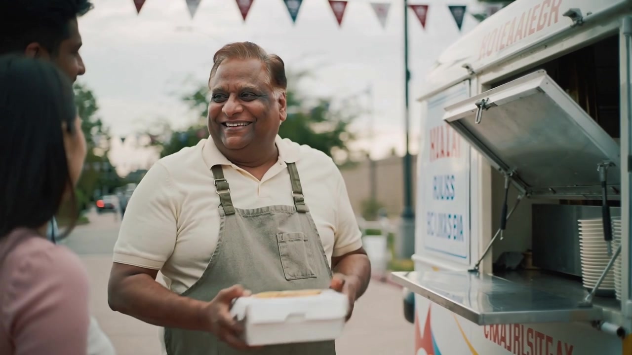 Sollevando il finestrino di servizio incernierato, l'operatore del food truck in grembiule grigio serve a bordo strada.