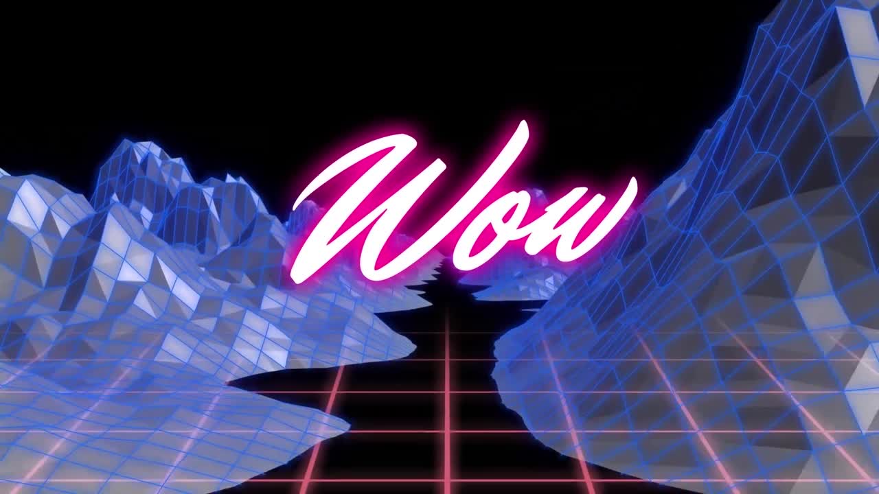 검은색 배경의 디지털 산 위에 와우 텍스트의 애니메이션