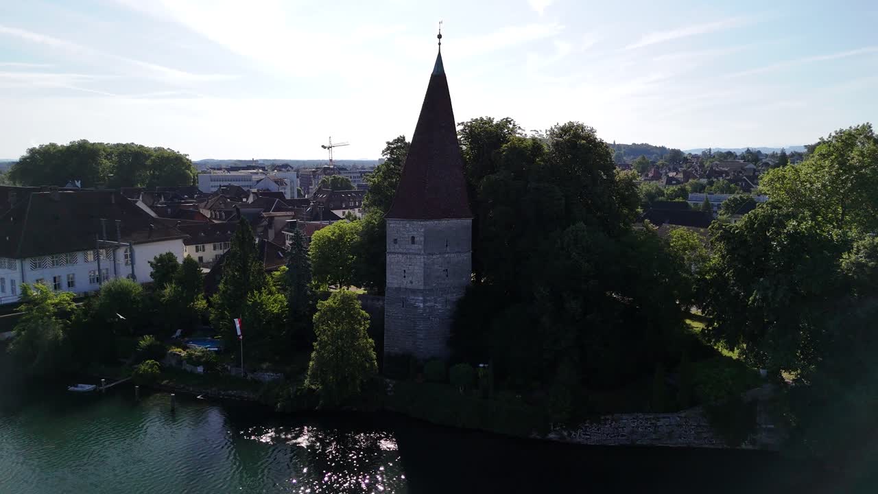 Aare river Krummturm Crooked Tower Solothurn, Switzerland, aerial drone