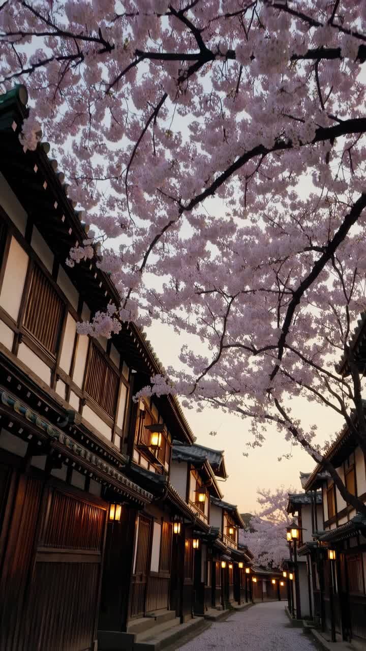 Una serena vista di strada sotto i fiori di ciliegio al crepuscolo, catturata da un angolo basso