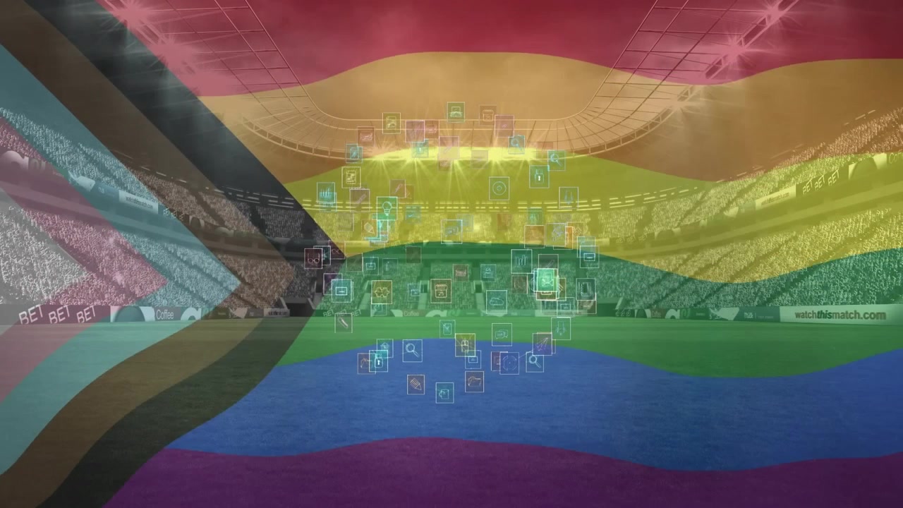 Animation du drapeau LGBT et d'un réseau de connexions au-dessus d'un stade.