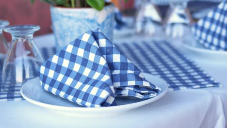 table setting with blue checkered napkins