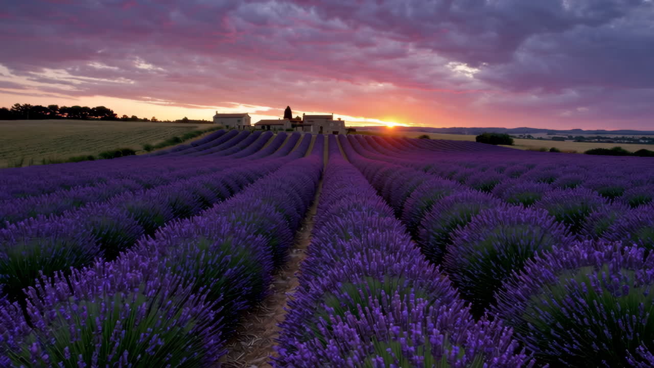 Vast Lavender Field at Sunset with a Distant Farmhouse