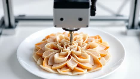 Robotic arm preparing a futuristic seafood dish on a white plate, showcasing the potential of automation in the culinary arts