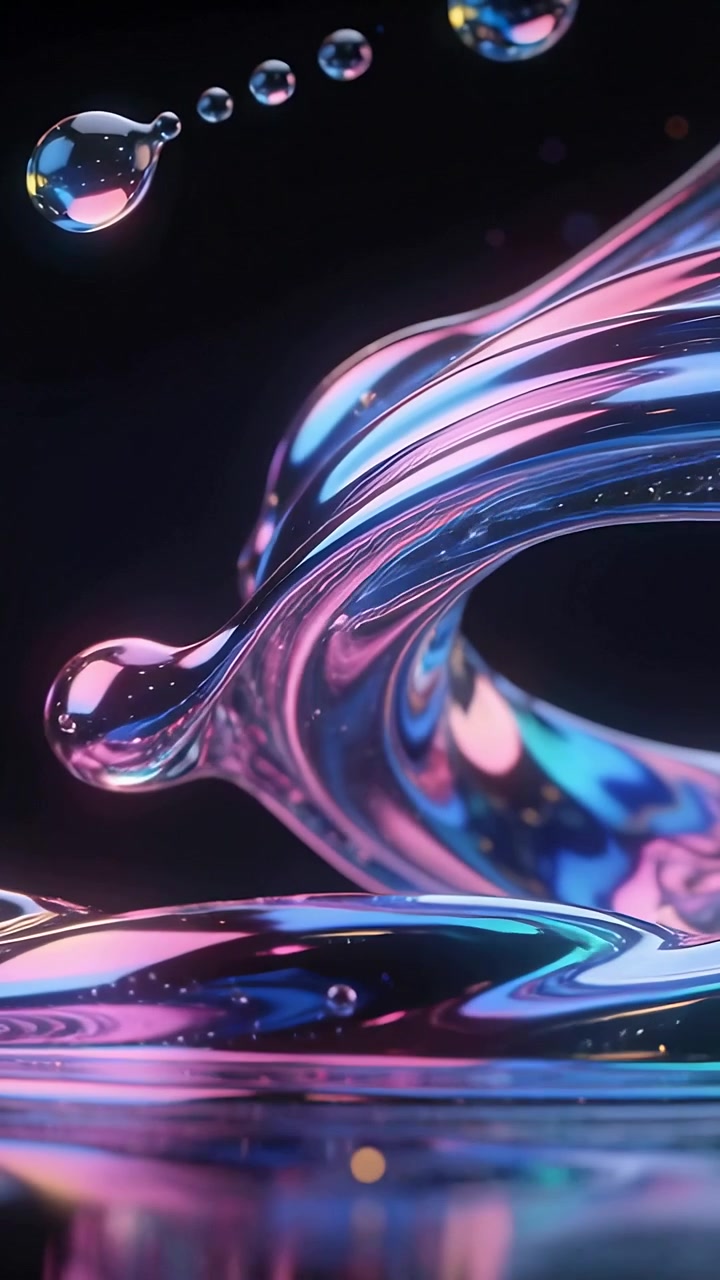 Vertical video: Light shift causing shiny ribbon twisting in dark void, drops forming and falling
