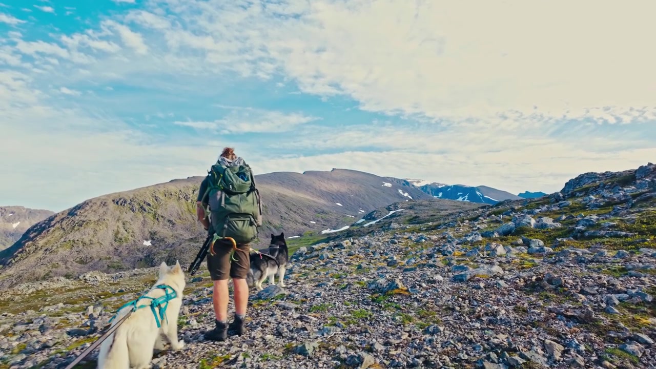 Sør Tverrfjord, Loppa, Norvegia - Un escursionista cammina con un cane al guinzaglio lungo una cresta rocciosa con pendii verdi e cime distanti sotto un cielo parzialmente nuvoloso - Carrellata.