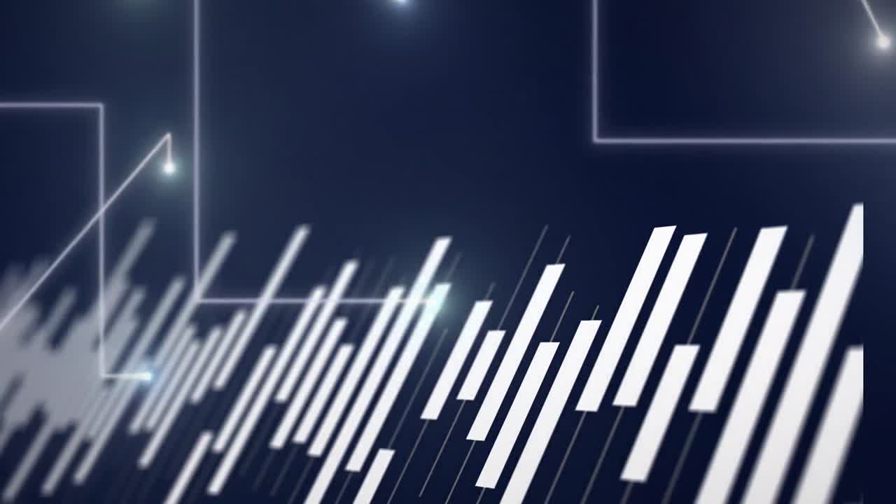 Animation of graphs over moving dots forming lines against black background