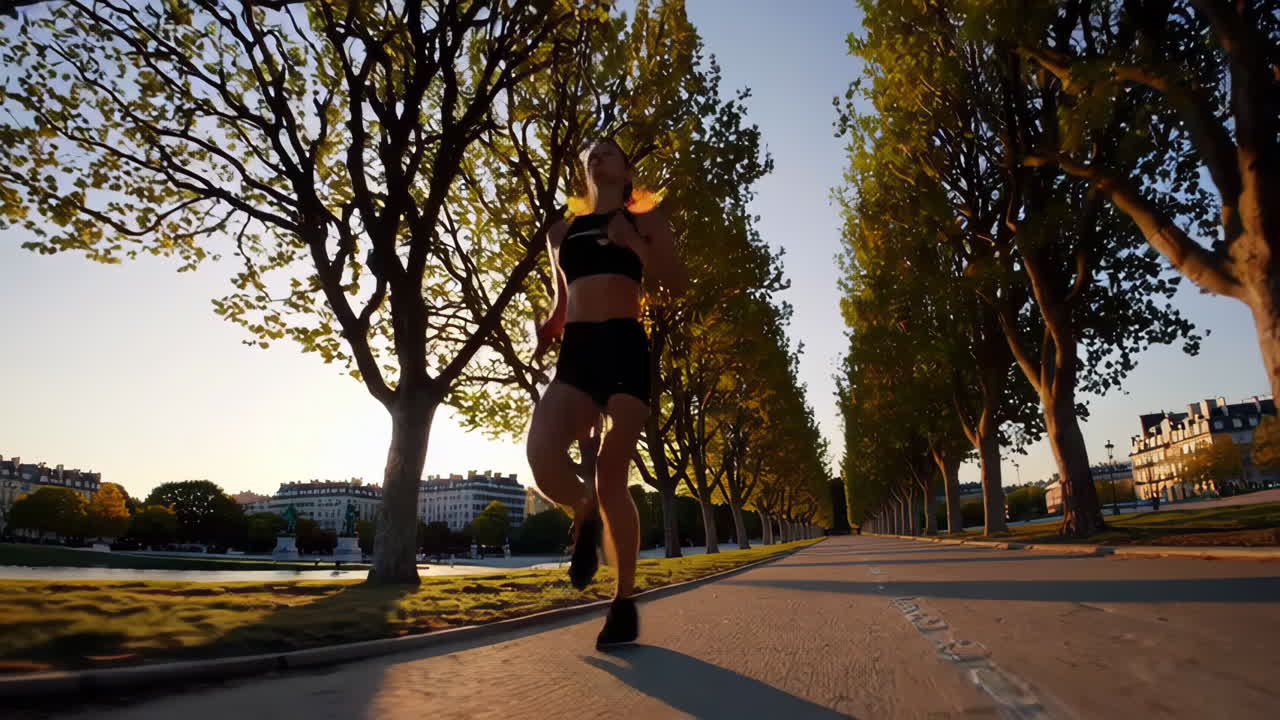 Woman Running Through a City Park at Sunset