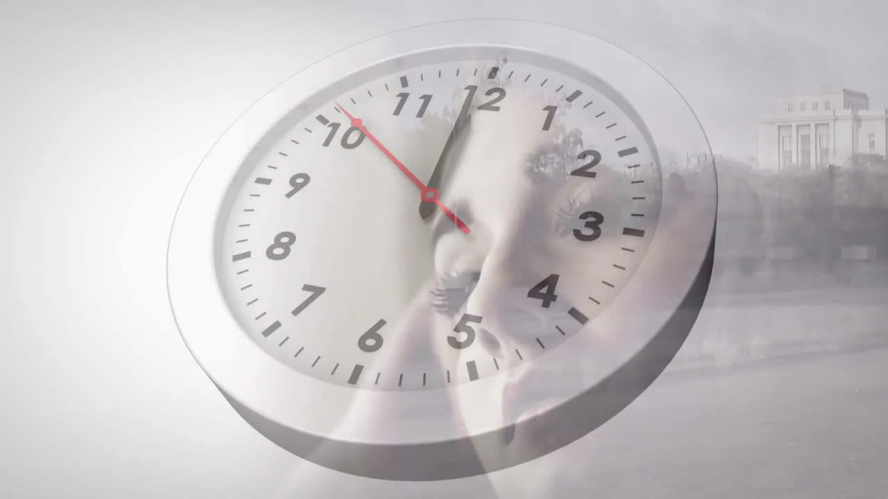 Animation of moving clock over thoughtful caucasian woman and people in city
