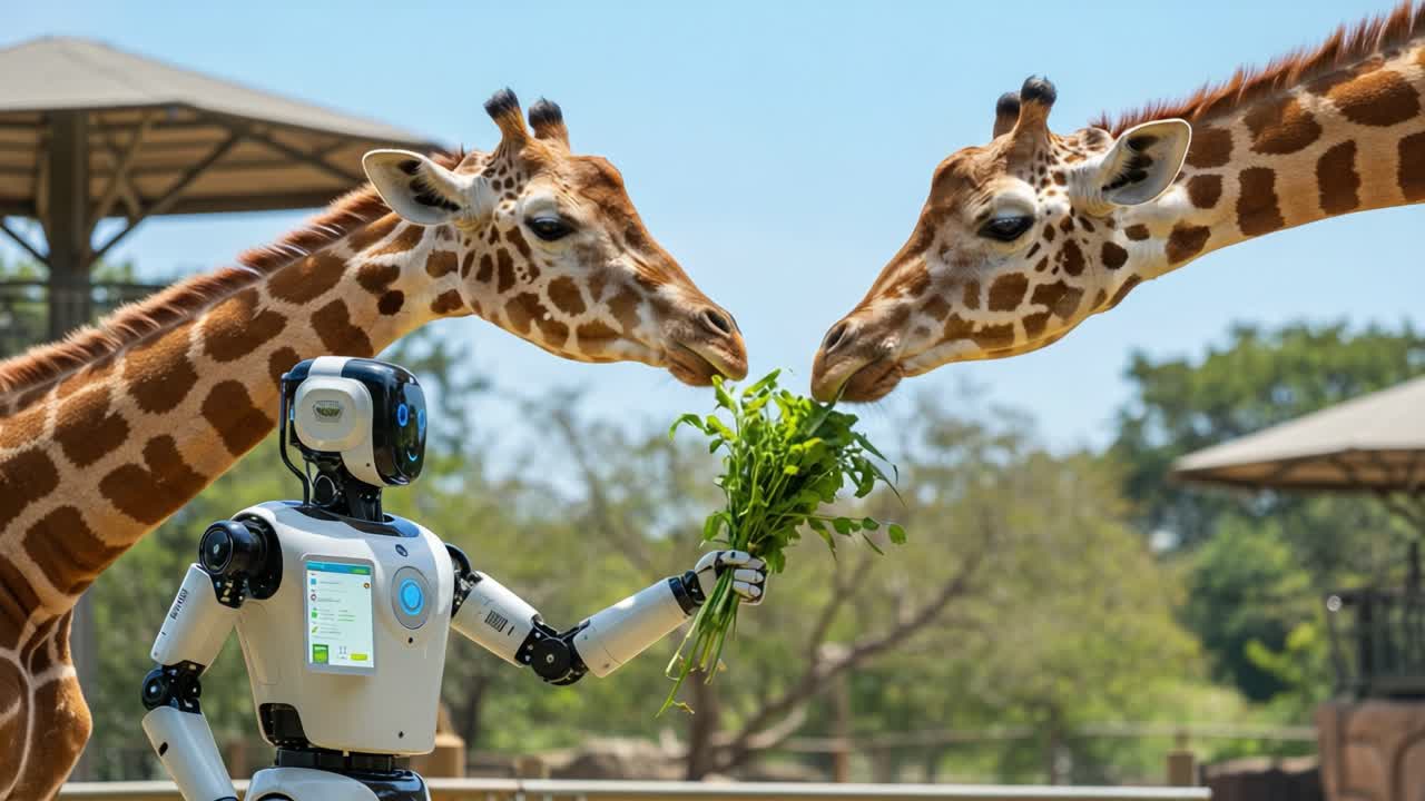 A Fascinating Encounter Between a Robot and Two Giraffes in a Zoo Setting, Highlighting the Interaction Between Technology and Nature