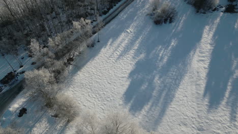 Verschneite-Landschaft-Mit-Einem-Auto,-Das-Auf-Einer-Straße-Fährt,-Bäume-Säumen-Den-Weg-Und-Werfen-Im-Morgenlicht-Lange-Schatten,-Kamerafahrt-Aus-Der-Luft