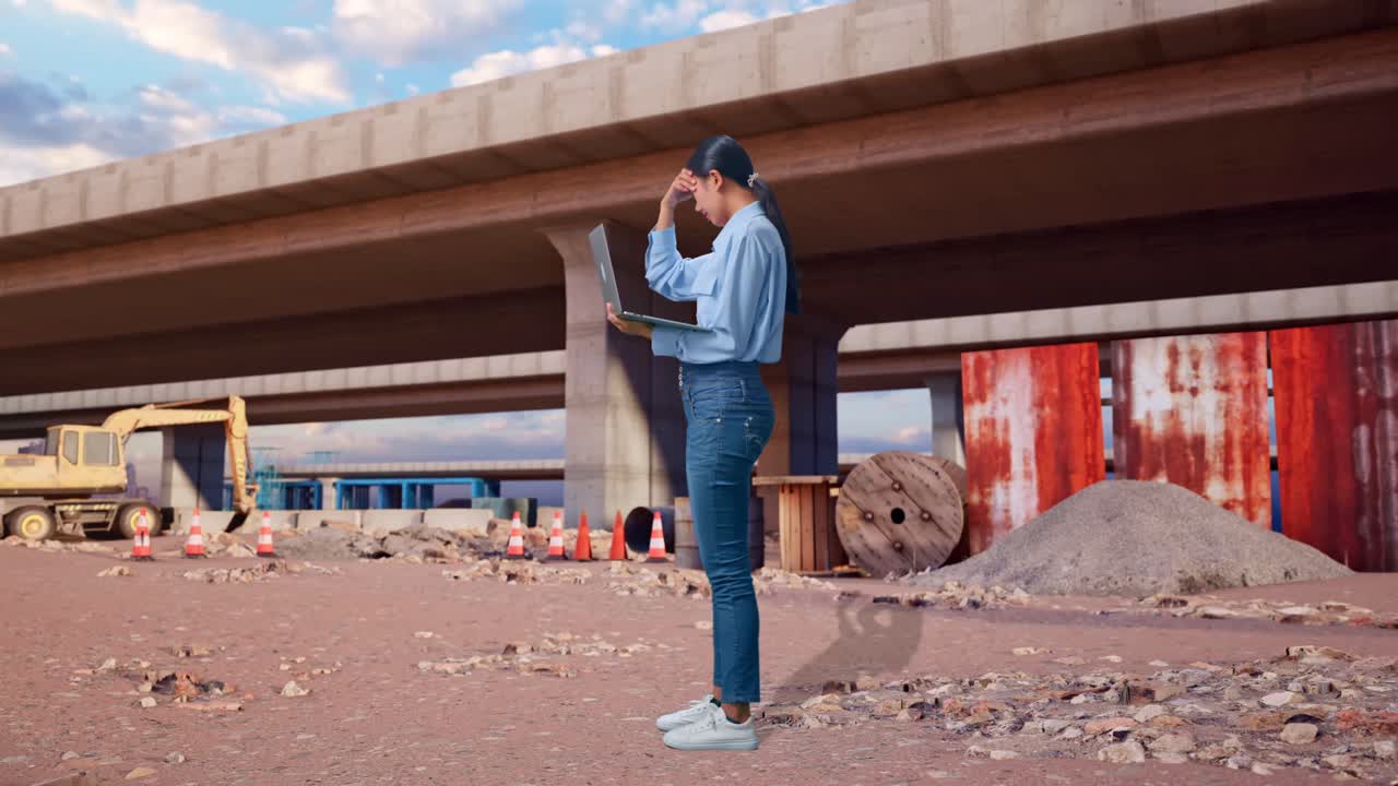 Vista lateral de corpo inteiro de uma mulher asiática com seu laptop no local de construção de uma rodovia, digitando e desapontada, balançando a cabeça