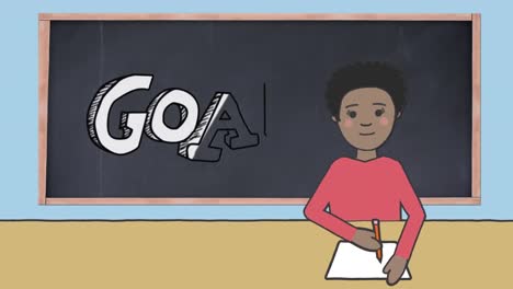 Animation-of-goal-text-on-blackboard-and-schoolboy-writing-on-blue-background