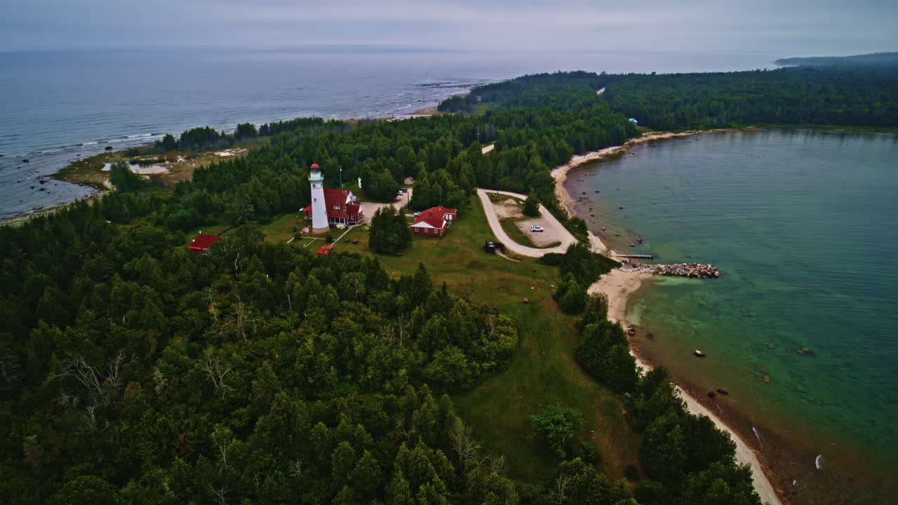 Drone shot twisting around Lake Michigan lighthouse