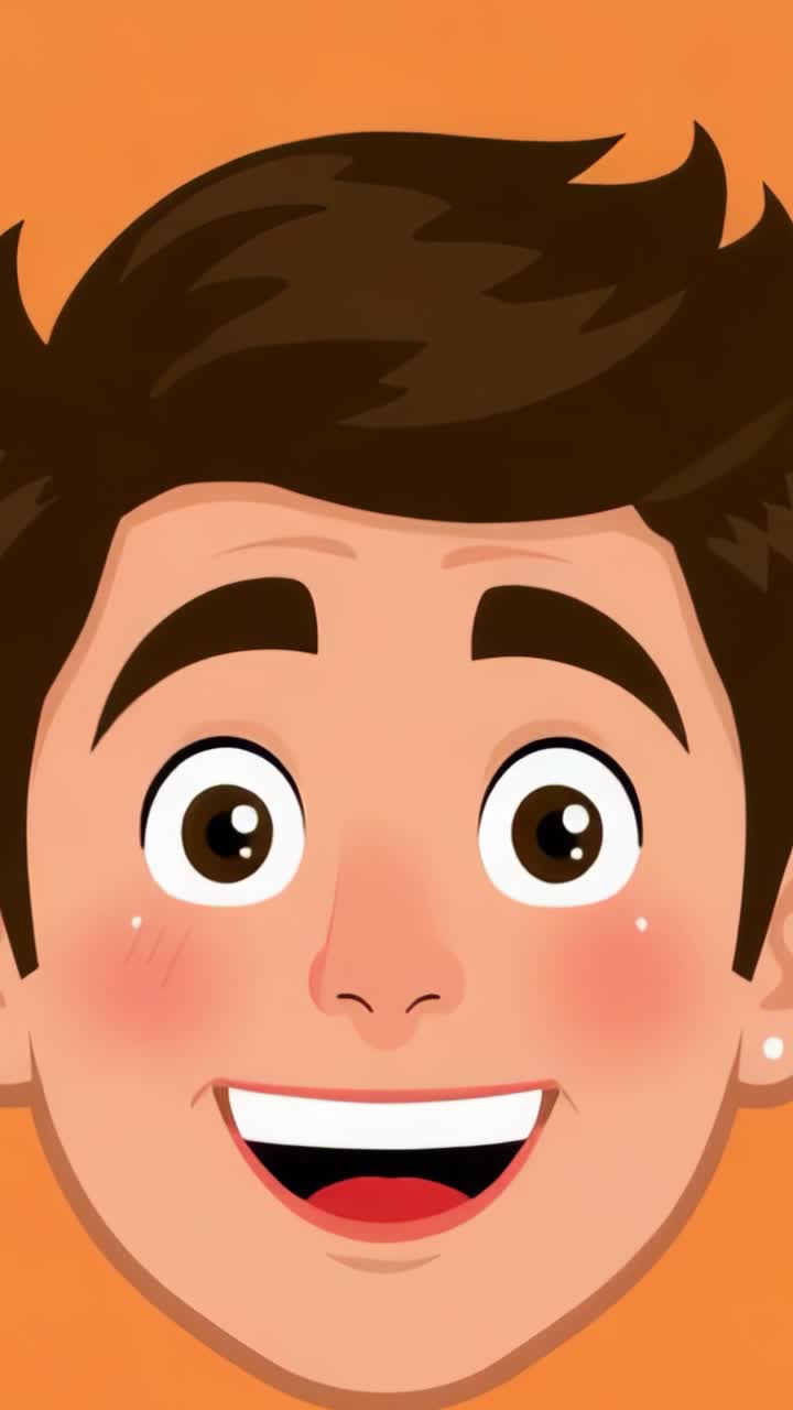 Vertical video: Looping animation presenting cartoon male head smiling on orange backdrop