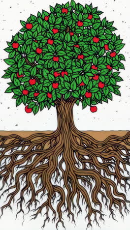 stylized apple tree with detailed roots