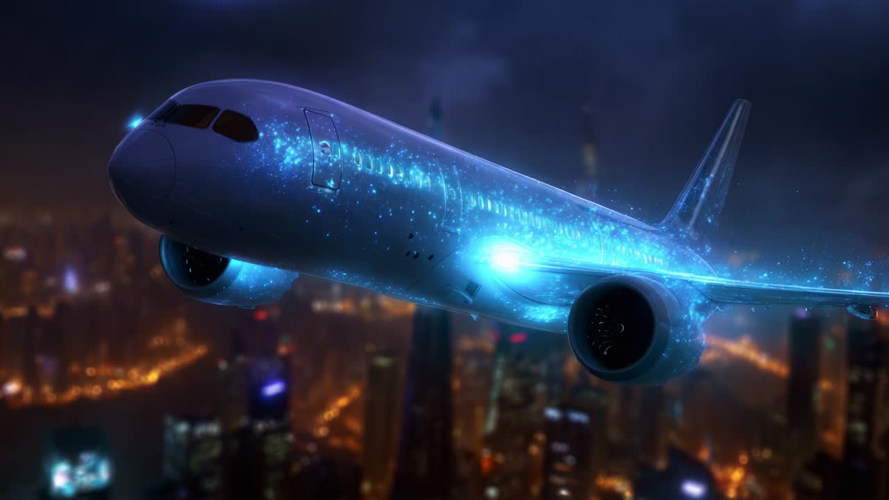 A Stunning Visual Representation of a Futuristic Airplane Illuminated with Luminous Effects, Soaring Over a Cityscape at Night, Showcasing Modern Technology and Imaginative Design Elements in Aviation