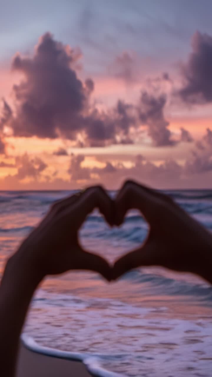 Catturare l'amore al tramonto: Un gesto a forma di cuore contro un sereno tramonto sulla spiaggia con onde che si infrangono sotto nuvole soffici e colorate.