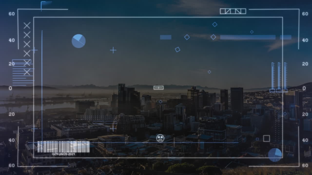 animación de la interfaz con el procesamiento de datos frente a una vista aérea del paisaje urbano