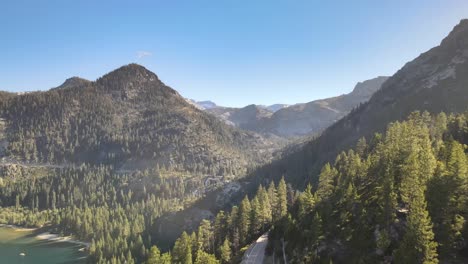 Drone-flying-in-Emerald-Bay-flying-towards-Eagle-Falls-and-Desolation-wilderness,-Tahoe-California
