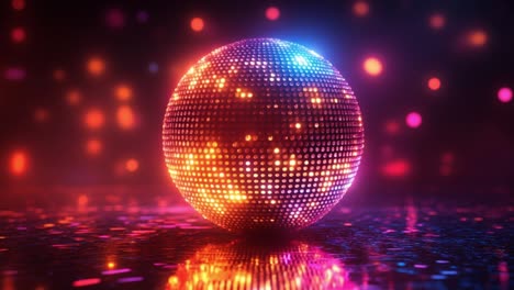 disco ball shines at dance party. colorful lights illuminate a shimmering disco ball at a lively dance party, creating a vibrant atmosphere for guests.