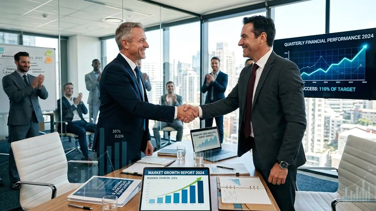 Uomini d'affari che si stringono la mano dopo una riunione di successo in un ufficio moderno