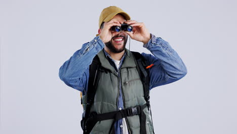 binocular, man and travel with hiking