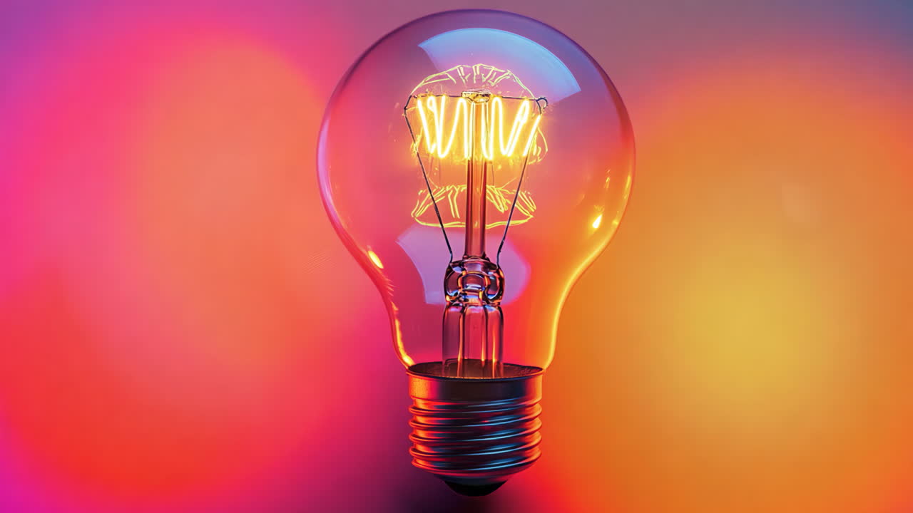 A light bulb is lit up and is glowing orange. The light bulb is the main focus of the image