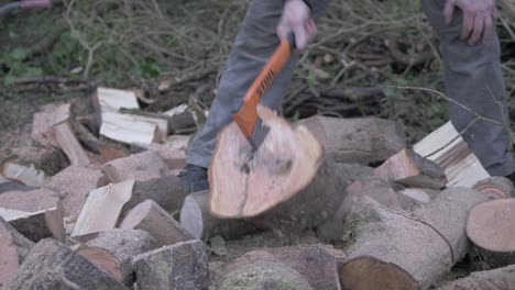 tough man chopping logs within nature