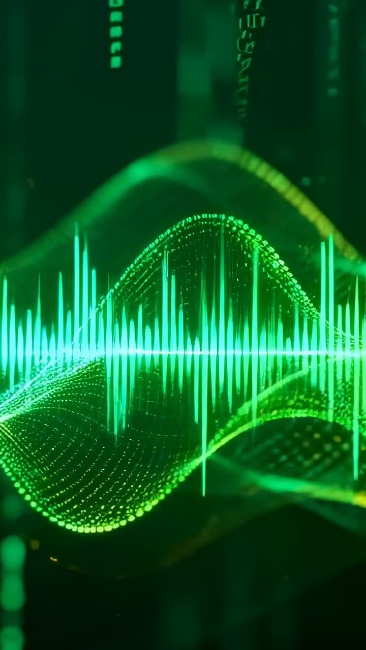 Vertical video: Starting audio causing pulsing waveform and bars, dotted mesh glowing on dark panel