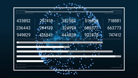 Animation of globe with spots and data processing on black background