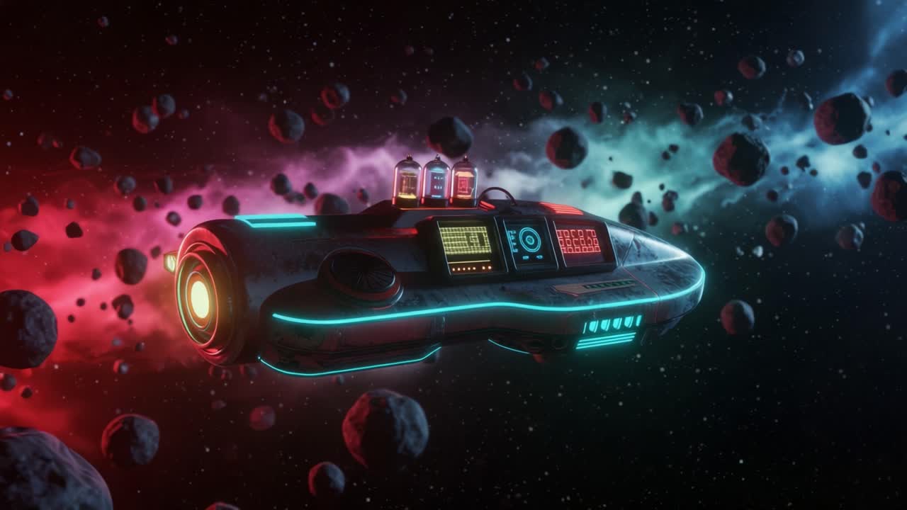 A dazzling futuristic spaceship navigates through a vibrant asteroid field, showcasing stunning neon lights and intricate control panels amidst cosmic wonders