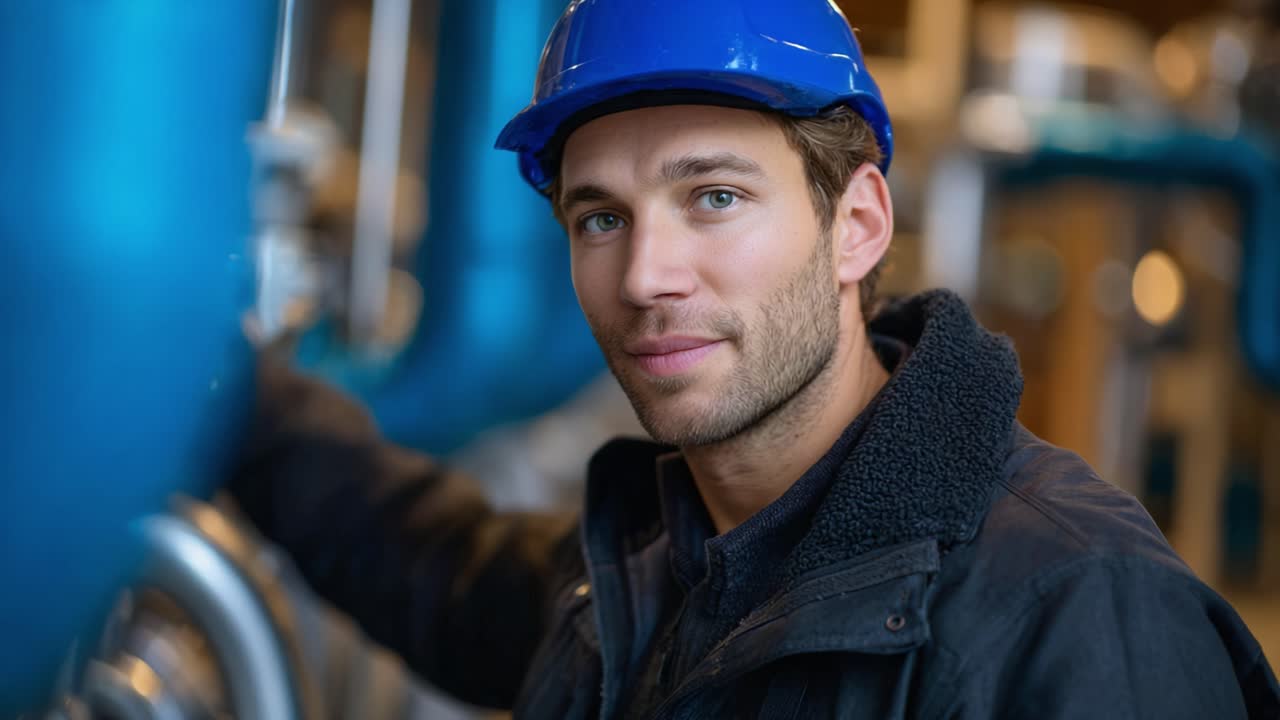 Skilled Worker in Safety Gear: A Young Man Wearing a Blue Hard Hat and Dark Jacket Posing Confidently Among Industrial Machinery in a Modern Facility