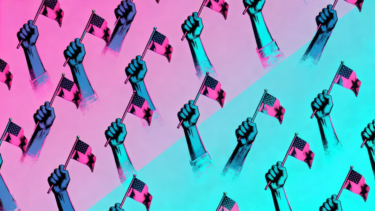 Sweeping diagonal color band starting tiled fists and star flags shifting tint across pink cyan