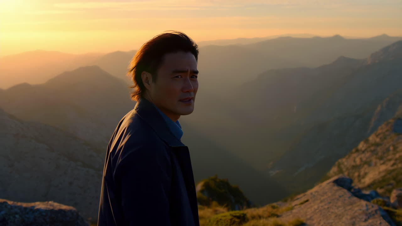A man gazing at a mountain landscape during sunset