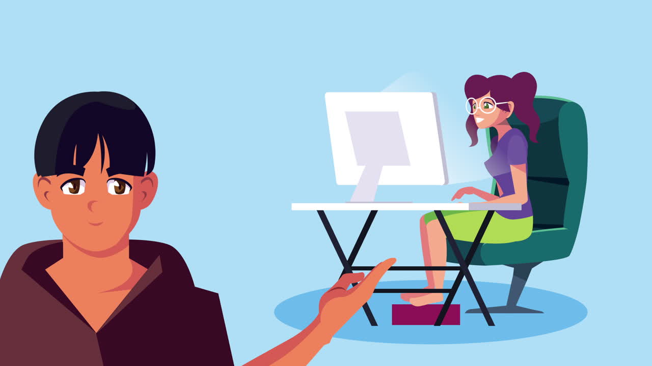 woman using desktop work at home campaign animation
