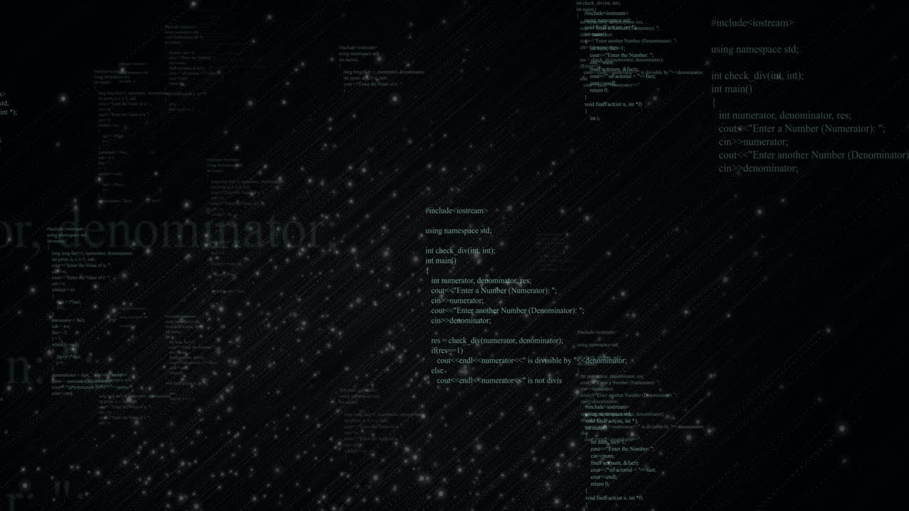 Animation of computer code and text floating over glowing particles background