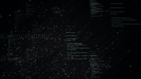 Animation of computer code and text floating over glowing particles background