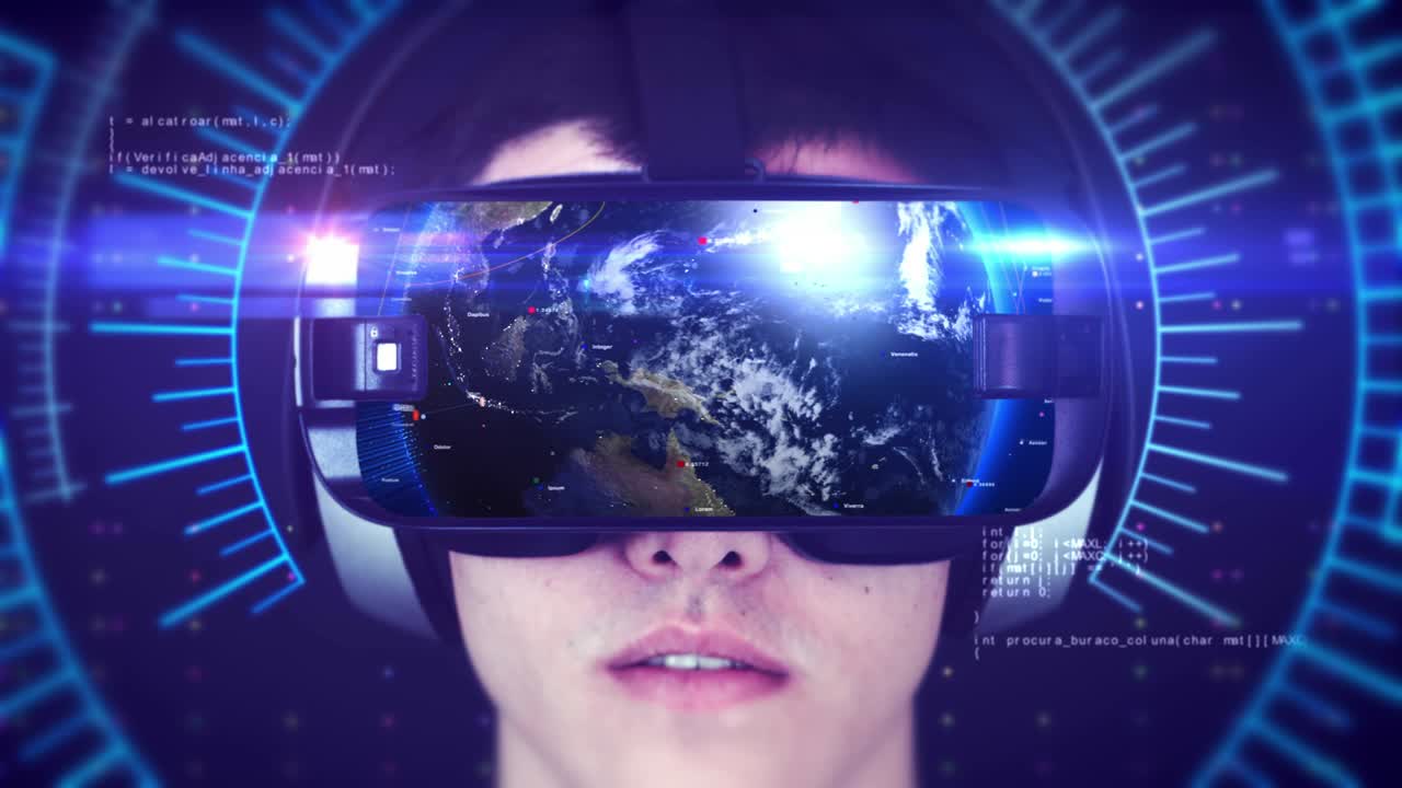 giovane uomo che indossa le cuffie vr e sperimenta la realtà virtuale 3d.