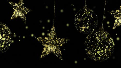 Animation-of-dots-floating-over-golden-stars-and-baubles-on-black-background