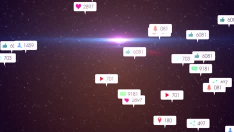 animación de iconos y números de redes sociales en banderas blancas sobre estrellas en el cielo nocturno