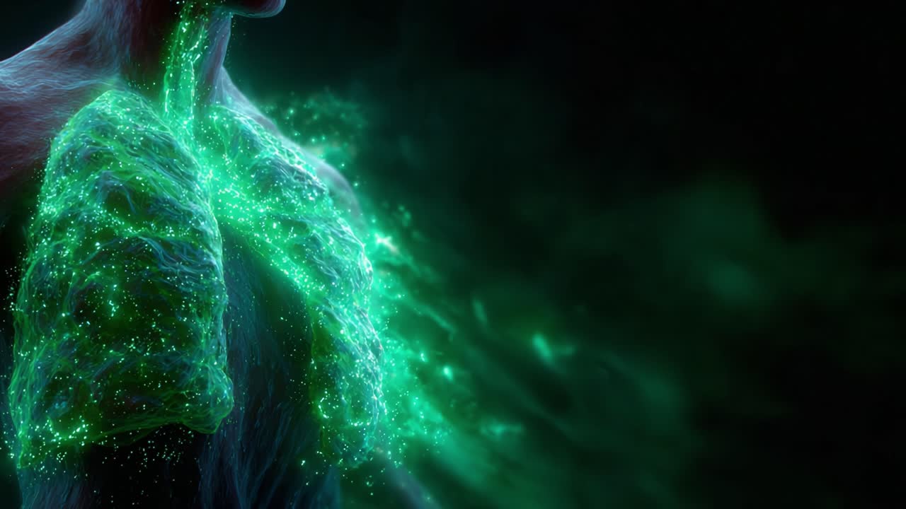 A Surreal Visualization of Lungs Emitting Glowing Particles, Capturing the Essence of Life and Breathing Through a Striking Green Animation in a Dark Background