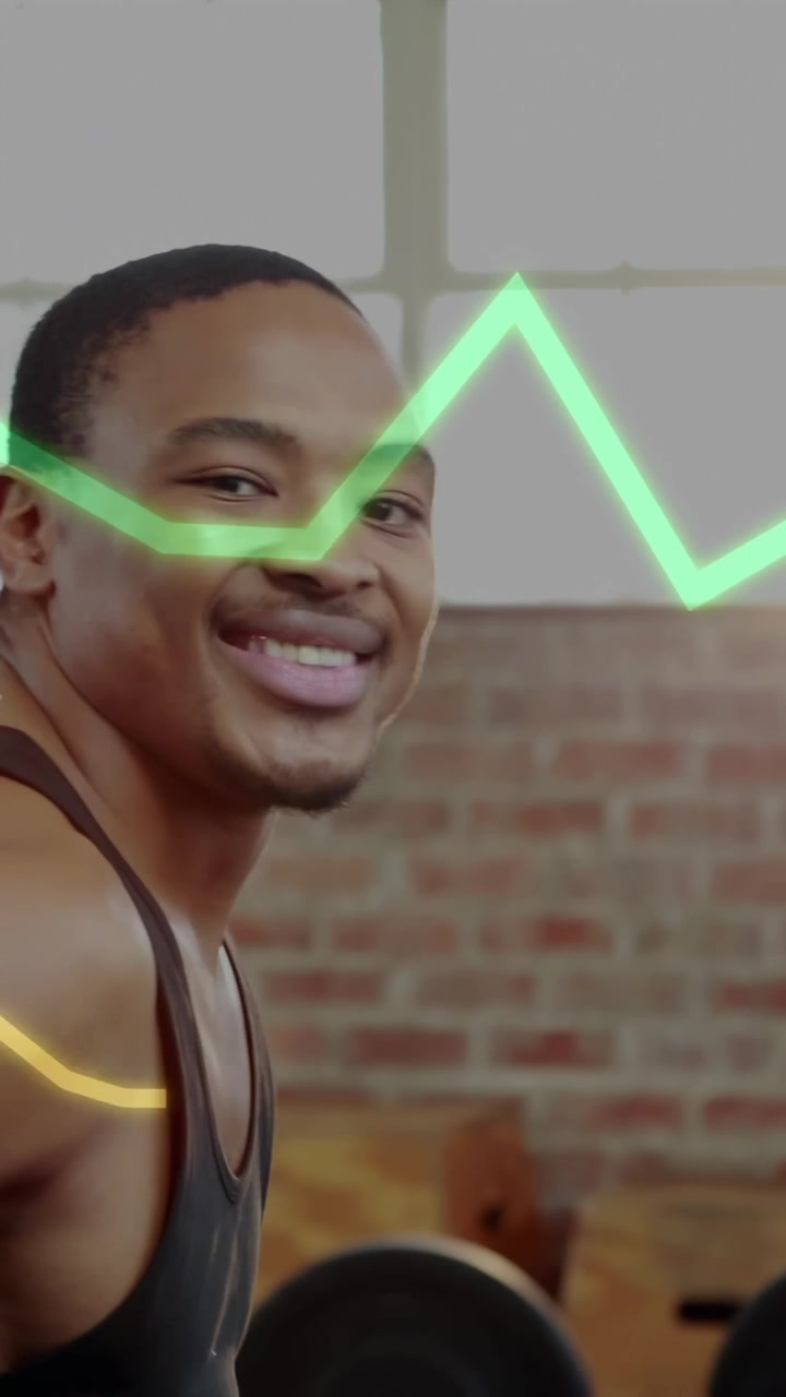 Verticale video: Sporter strekt armen, knikt en draait, met neonlijntracking voor fitness.