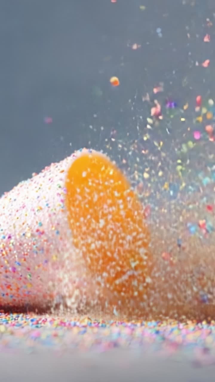 Esplosione di coriandoli colorati da un vivace cono spara-coriandoli, con la possibilità di dolci sorprese, che cattura momenti gioiosi con una texture scintillante in movimento