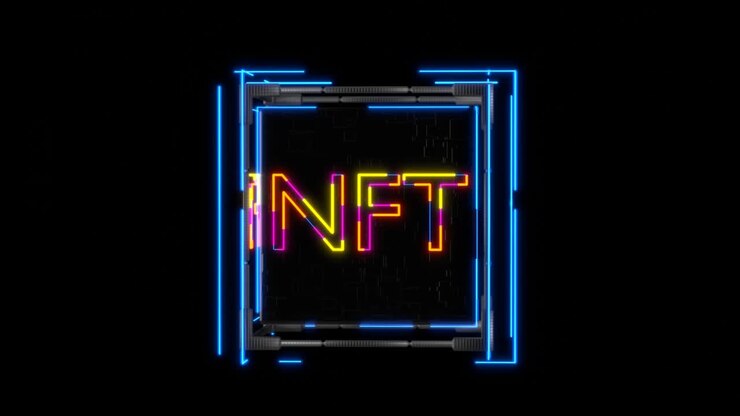 Cubo che ruota fluidamente con scritta al neon NFT. Token non fungibile