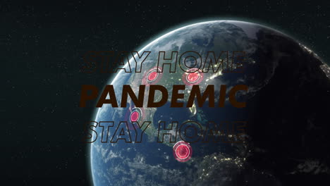 red stripes against stay at home and pandemic text over globe on blue background